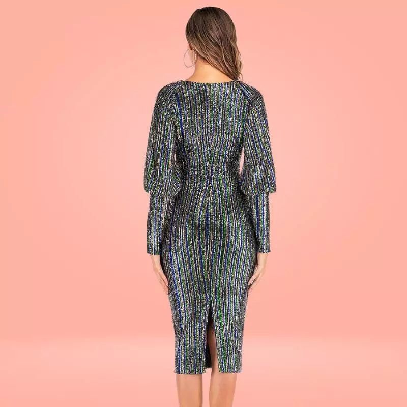 “La Parisienne” - Robe manches longues à Sequins et décolleté en Col en V