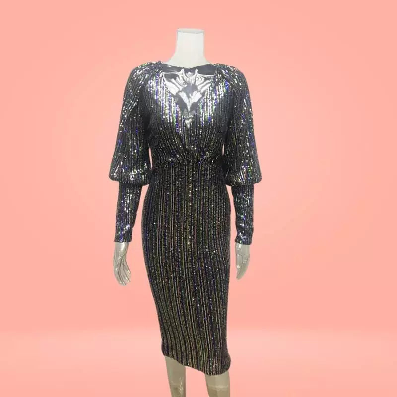 “La Parisienne” - Robe manches longues à Sequins et décolleté en Col en V