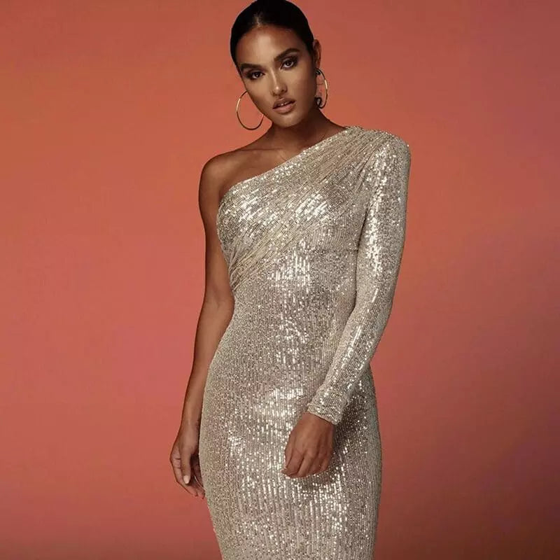 "Éclat Divin" - Robe Mi-Longue Asymétrique à Sequins